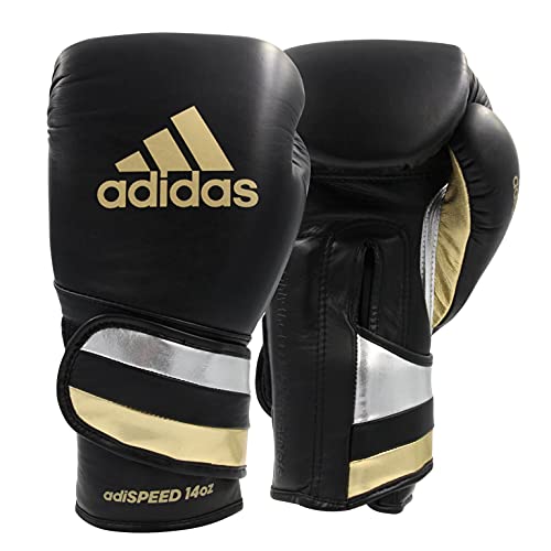 adidas AdiSpeed - Guantes de boxeo para entrenamiento de gimnasio, para hombre y mujer, 12oz 14oz 16oz 18oz, color negro y dorado, tamaño 340 g